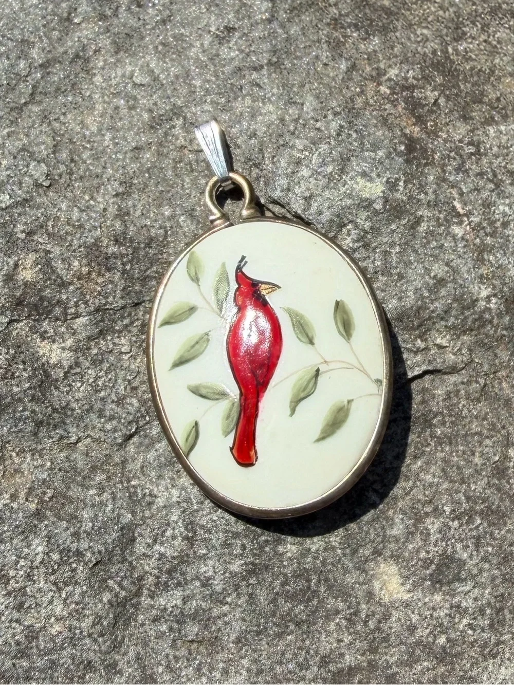 Vintage Sterling Ceramic Red Cardinal Oval Pendant Charm